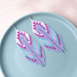 Beaded Fringe Earrings in Purple and Blue